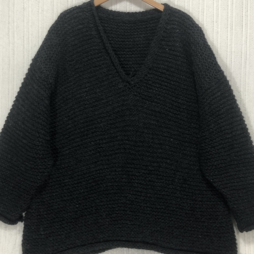 Chunky Knit V-Neck Oversized Sweater Charcoal Black Heavy Garter Stitch XL